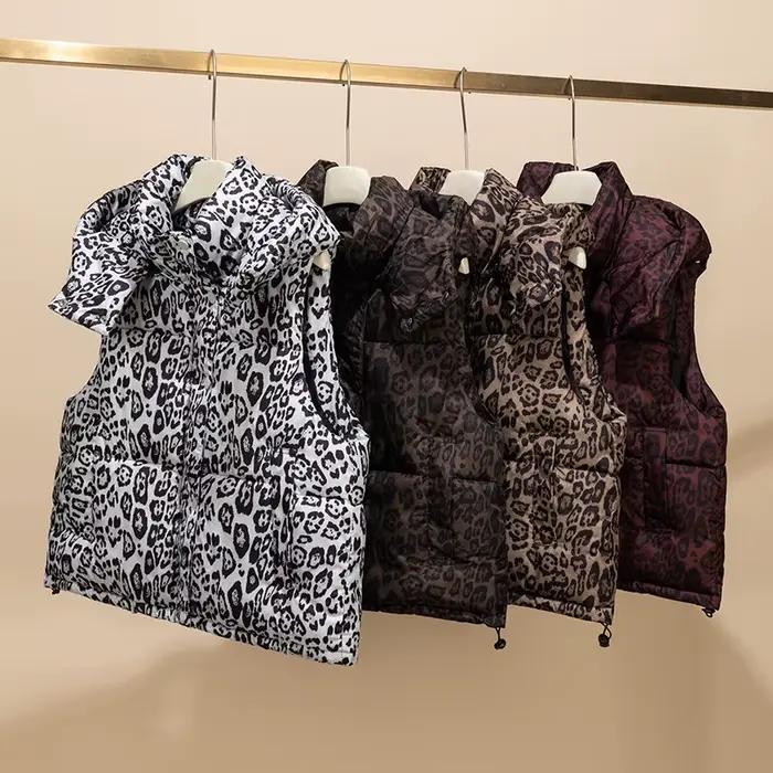 Gilet en coton imprimé léopard pour femmes, veste sans manches à capuche, mode américaine, manteau c