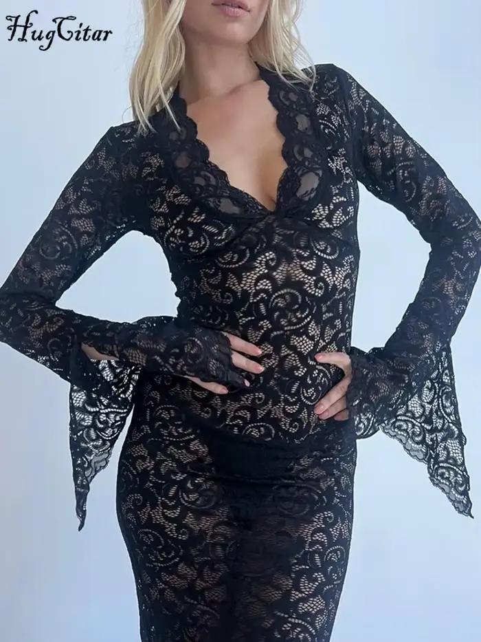 Hugcitar maille imprimé fleuri col en V manches longues évasées Sexy voir à travers Maxi robe printe