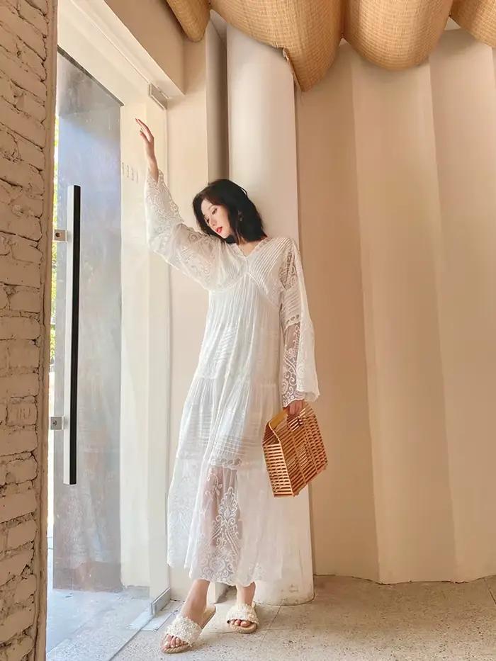 Pouvez-vous psyLady-Robe maxi blanche en dentelle florale pour femmes, élégante, coton nickel é, col