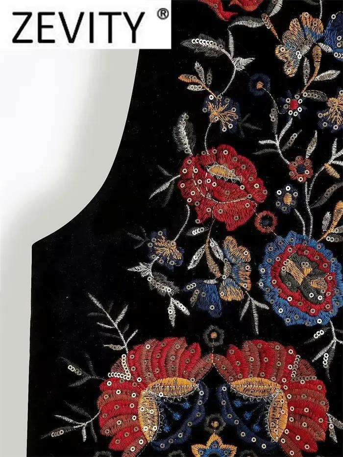 Zevity femmes Vintage paillettes fleur broderie gilet veste dames rétro style national patchwork déc