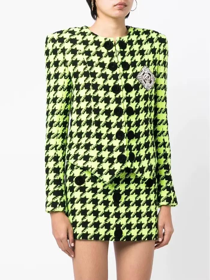 HIGH STREET Nouveauté 2026 Veste en tweed pied-de-poule perlée avec logo boutons lion, de créateur p