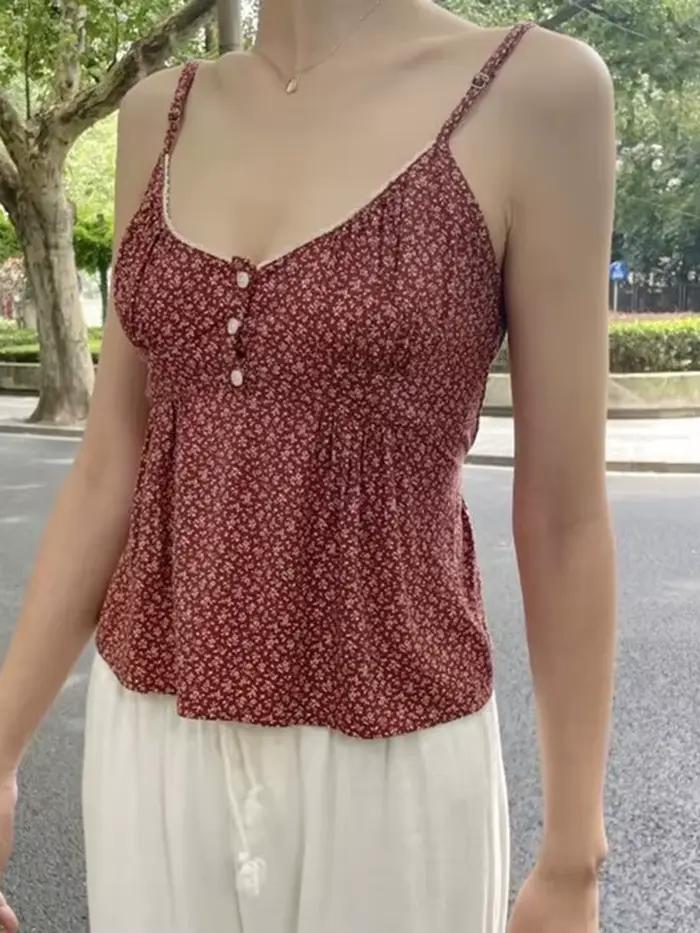 Haut court à volants en coton à col en V pour femmes, gilets vintage féminins, imprimé floral, bouto