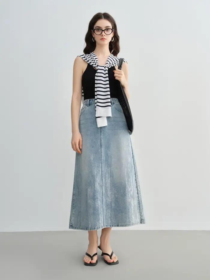 DUSHU taille incluse femmes mode argent pressé jupe en jean pour l'été 2025 taille haute minceur mi