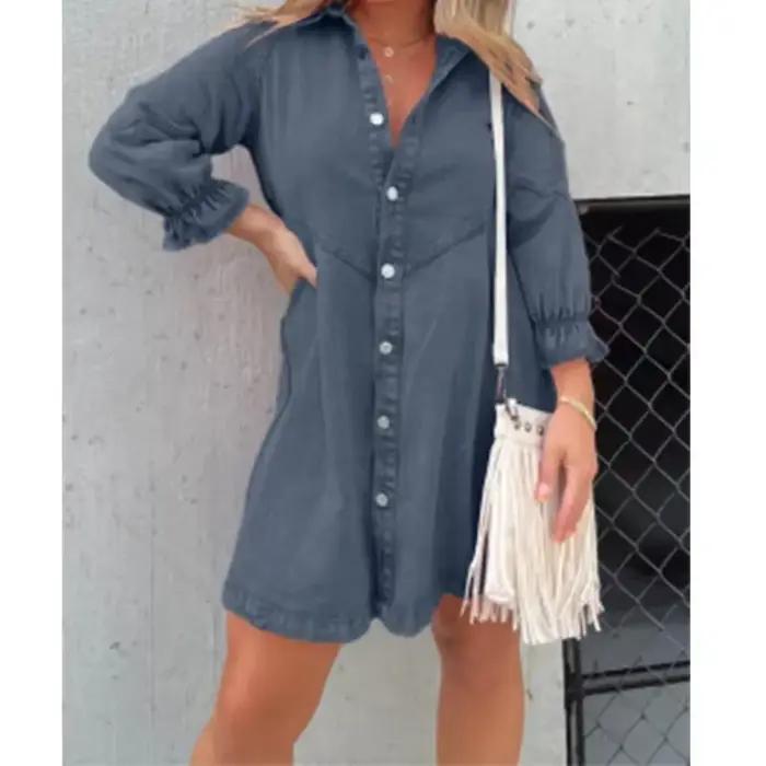 Robe chemise en jean pour femme, col rabattu, manches lanterne, simple boutonnage, ligne A, robe édu