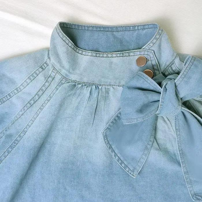 Économie à col roulé à lacets pour femmes, demi-manches bouffantes, t-shirts en denim décontractés,