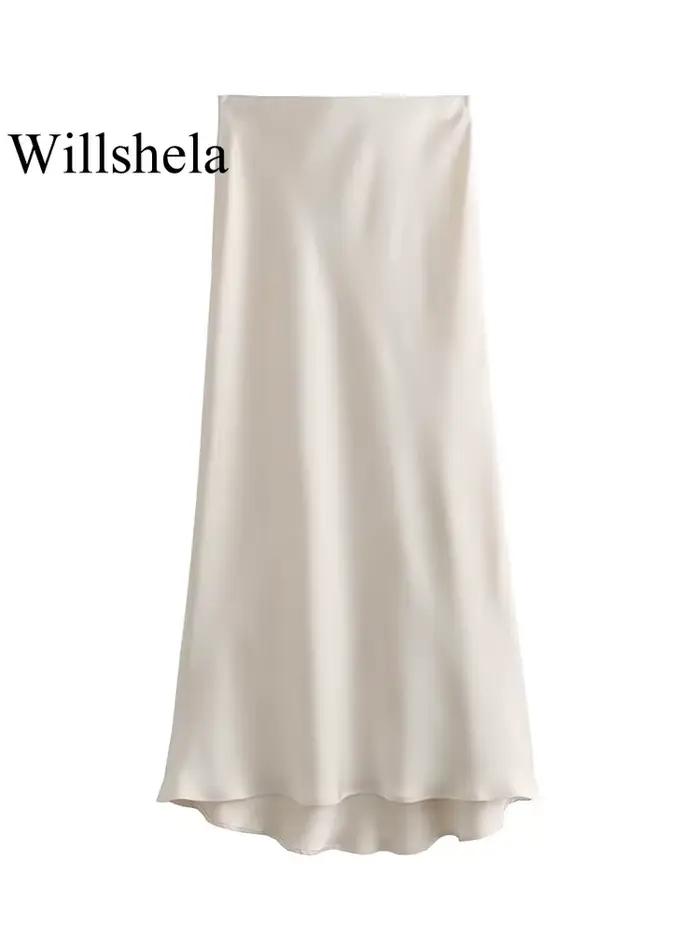 Willshela femmes mode Satin solide plissé jupe Midi Vintage taille mi élastique femme Chic dame jupe