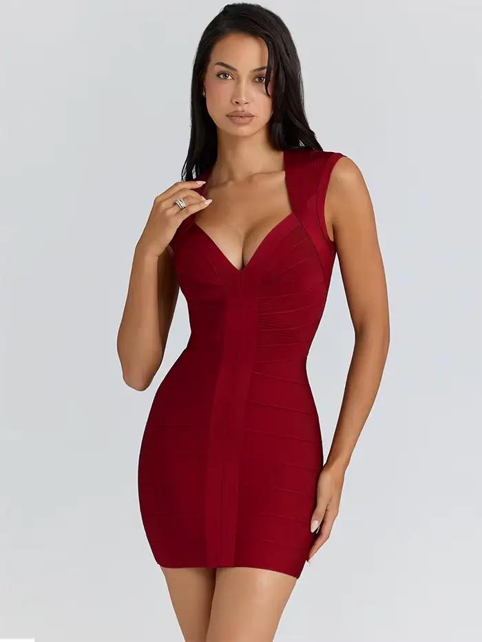 Mini-robe sexy moulante à col en V et sans manches pour femme, tendance clubbing, avec empiècements