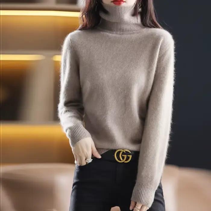 Pull à col haut pour femme, pull en cachemire de vison pur, tricoté, doux, à la mode, vêtements chau