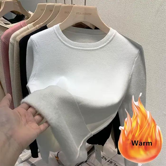 Pull épais en velours pour femme, col rond, Slim, chaud, manches longues, tricoté, décontracté, doub