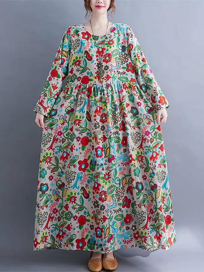 Robe Longue Femme en Coton Imprimé Floral Vintage à Manches Longues Printemps Automne 2026 – Décontr