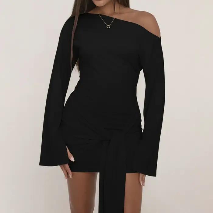 Robe moulante Sexy à nœud froncé pour femmes, élégante, couleur unie, épaules dénudées, asymétrique,