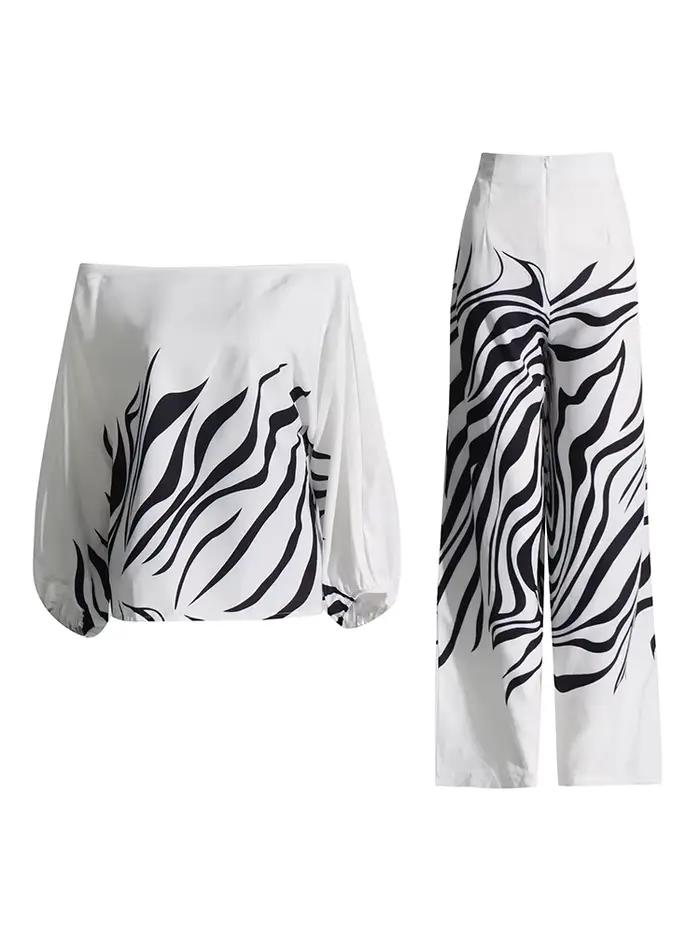 TWOTWurea-Ensemble deux pièces imprimé YLE pour femme, col slash, manches lanterne, pantalon taille
