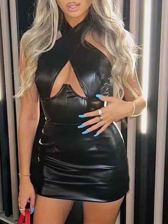 Robe d'été sexy dos nu en cuir noir pour femme 2026, style corset, col licou, pour club et soirée d'