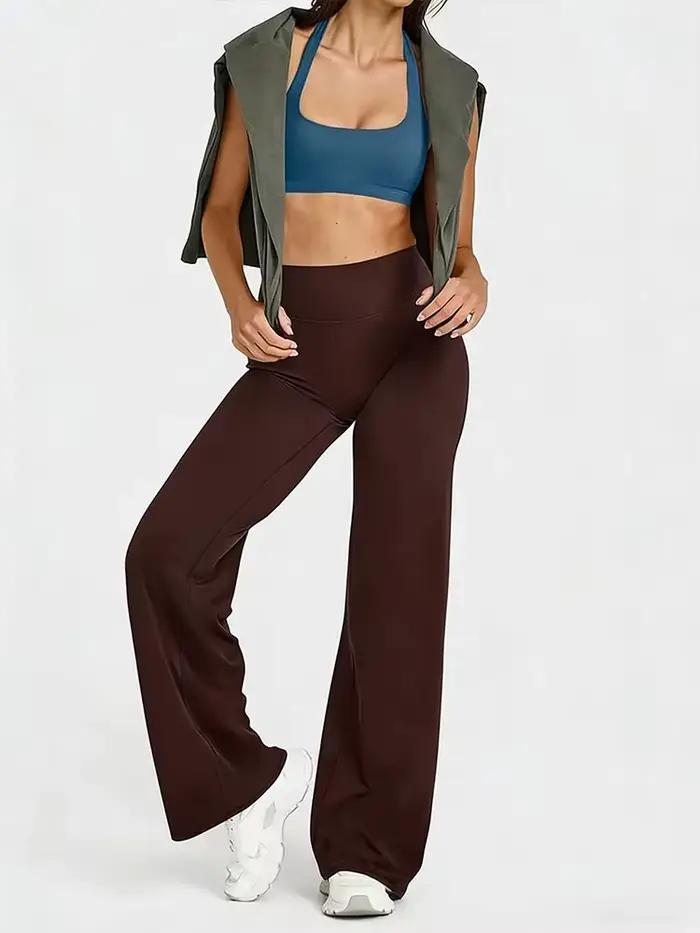 Pantalon de yoga taille haute pour femme, coupe droite, avec effet ventre plat, ourlet large, léger