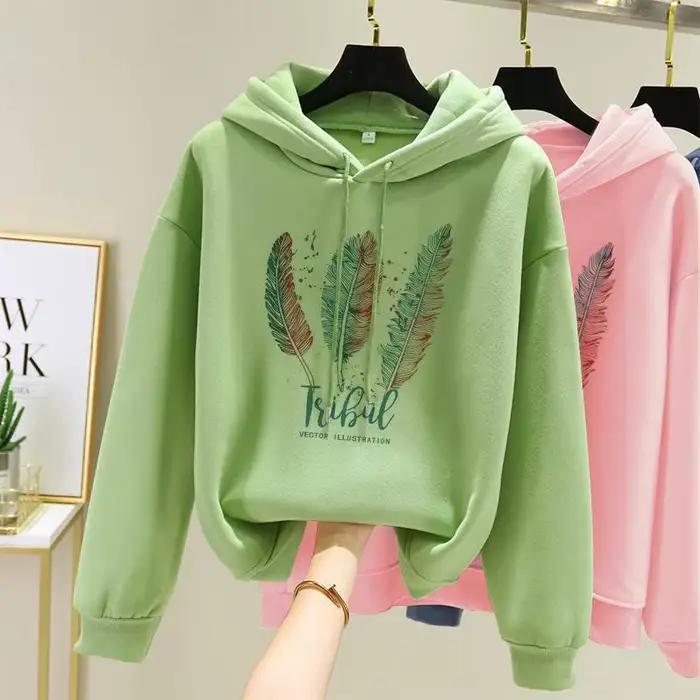 Sweat à capuche imprimé plumes pour femmes, mode automne hiver, Plus velours, décontracté, ample