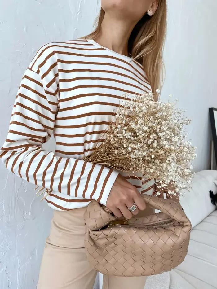 Bornladies 2025 été à manches longues rayé T-Shirts femmes basique décontracté hauts femme confortab