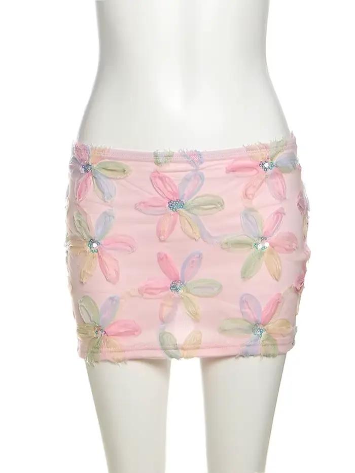 Bizarre Puss Coloré Fleurs Jupes Femmes Paillettes Patchwork Maille Tendance D'été Doux Street Party
