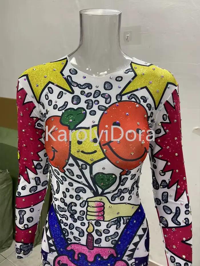 Costumes de Performance avec Strass Brillants pour Femme, Robe de brevSexy et Colorée, Dessin Animé,
