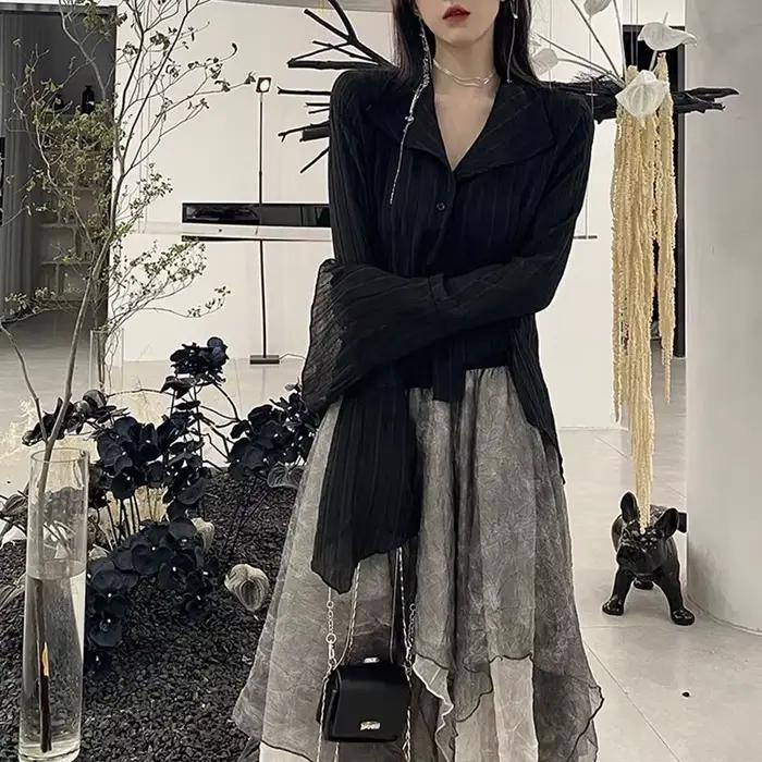 Karrcat – chemises gothiques noires, irrégulières, Style Yamamoto, Blouse à manches évasées, vêtemen