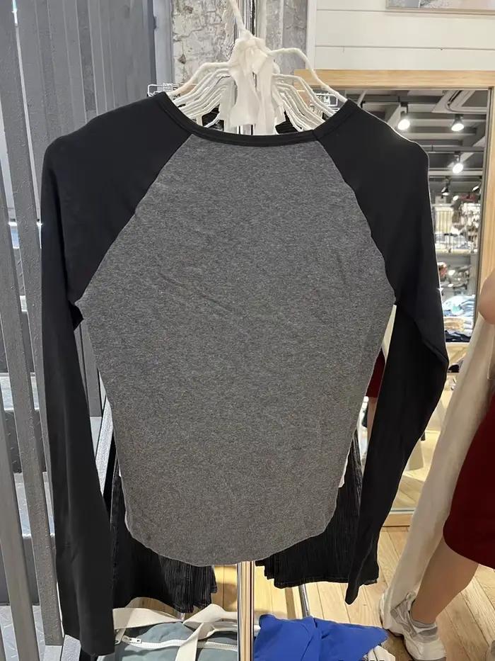 T-shirt Patchwork Slim à Manches sulfpour Femme, Col Rond, en Coton, Streetwear Vintage Américain, Y