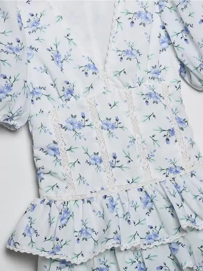 YENKYE-Mini robe à volants en dentelle pour femmes, imprimé floral, manches bouffantes vintage, garn