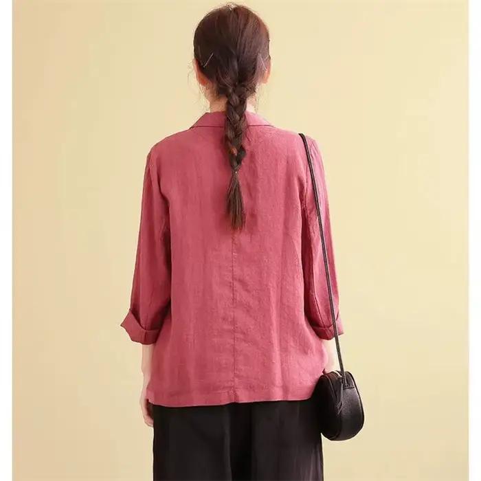 Costumes en coton et lin monochromes pour femmes, blazer fin à manches trois-quarts, veste de protec