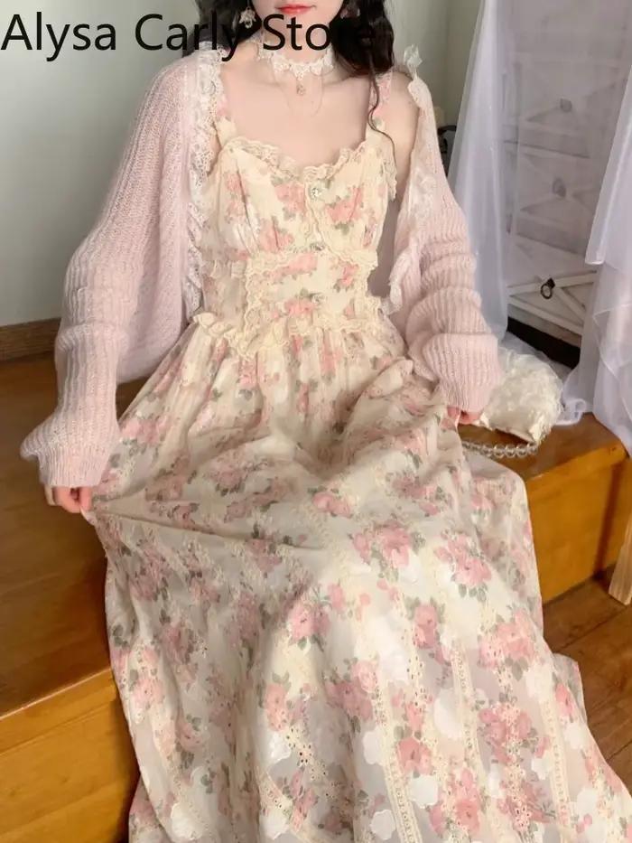Robe longue en mousseline de soie et dentelle pour femmes, broderie florale, nickel é, vintage, douc