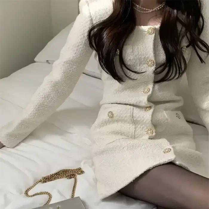 Robe en tweed rétro élégante pour femmes, col carré, manches longues, boutons, poche, mini robes de