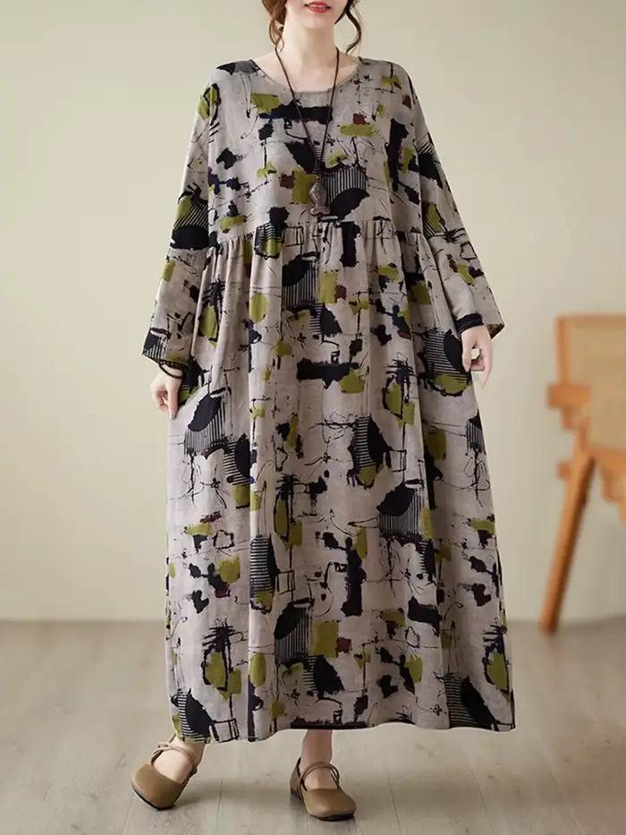 Robes amples en coton à manches longues imprimées style vintage pour femmes – Collection Printemps-A