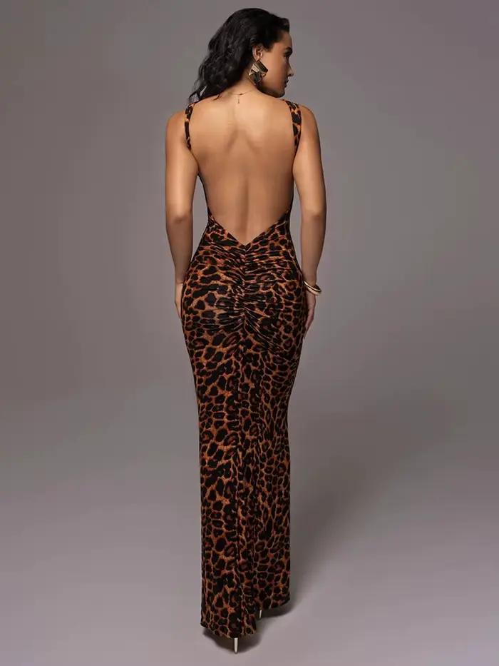 Ahagaga-Robes Maxi Imprimé Léopard pour Femme, Robes Éducatives Élégantes, Dos aux, Régulière, Décon