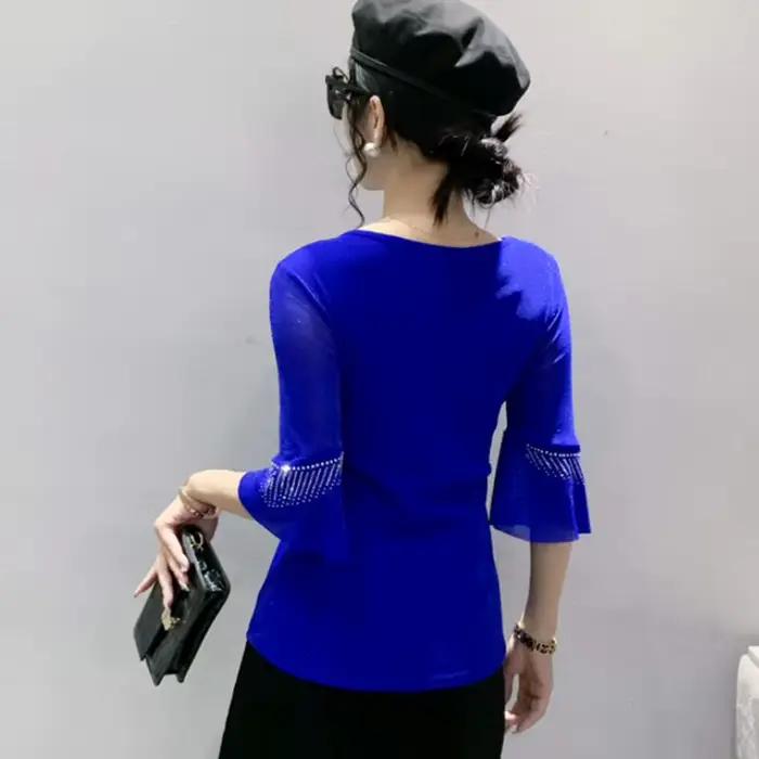 Sexy Patchwork maille t-shirt mince 3/4 manches été femmes haut forage chaud décontracté brillant so