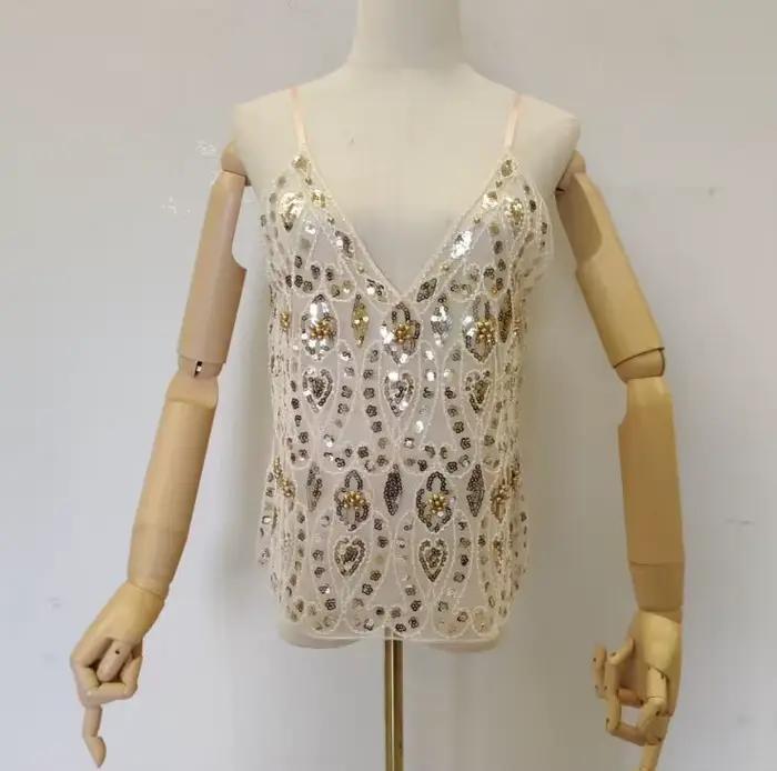 Débardeurs à paillettes Bling Bling pour femmes, maille de travail de perles, rose, or, Y-Women, Sex