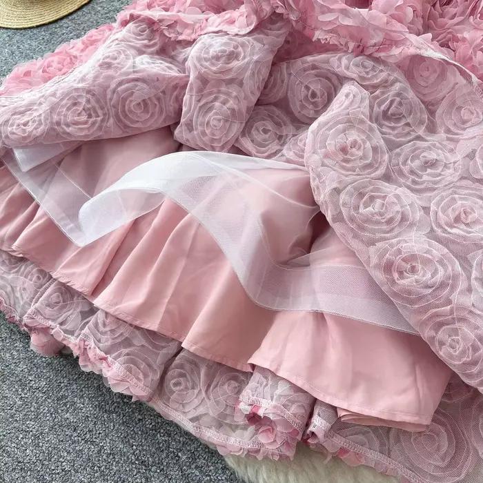 JAMERARY-Robe rose fleurie 3D pour femme, mini robe de Rhde luxe, style palais, vacances de célébrit