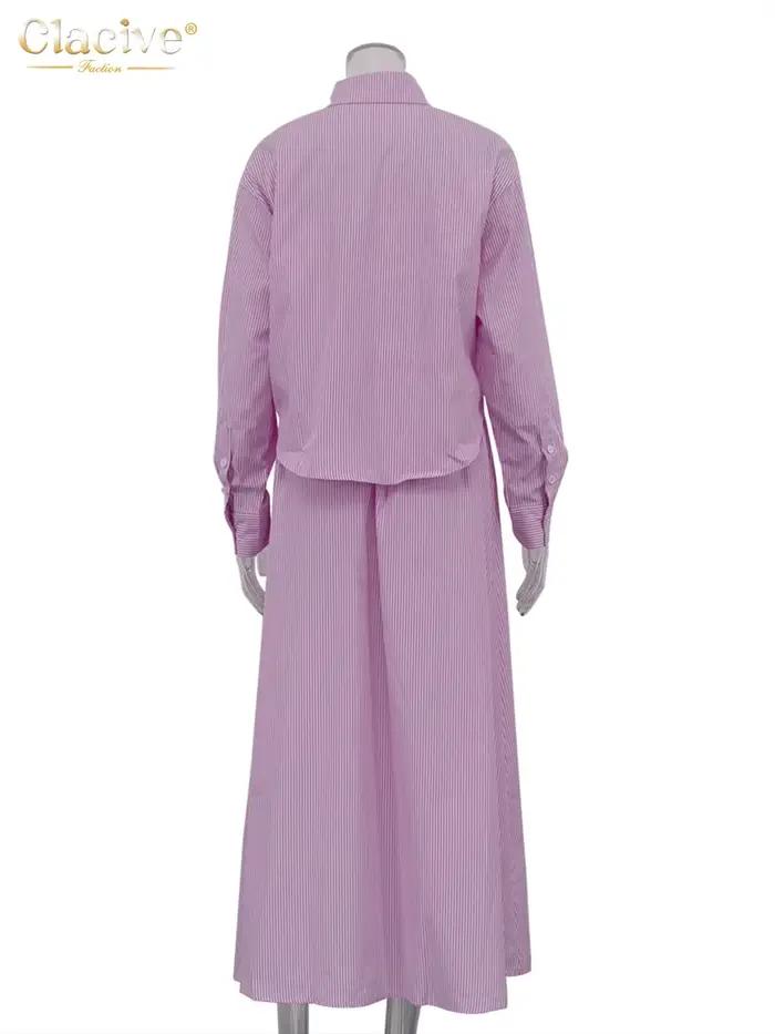 ClacMarkets-Ensemble 2 pièces à rayures roses pour femmes, chemise élégante à manches longues, jupes