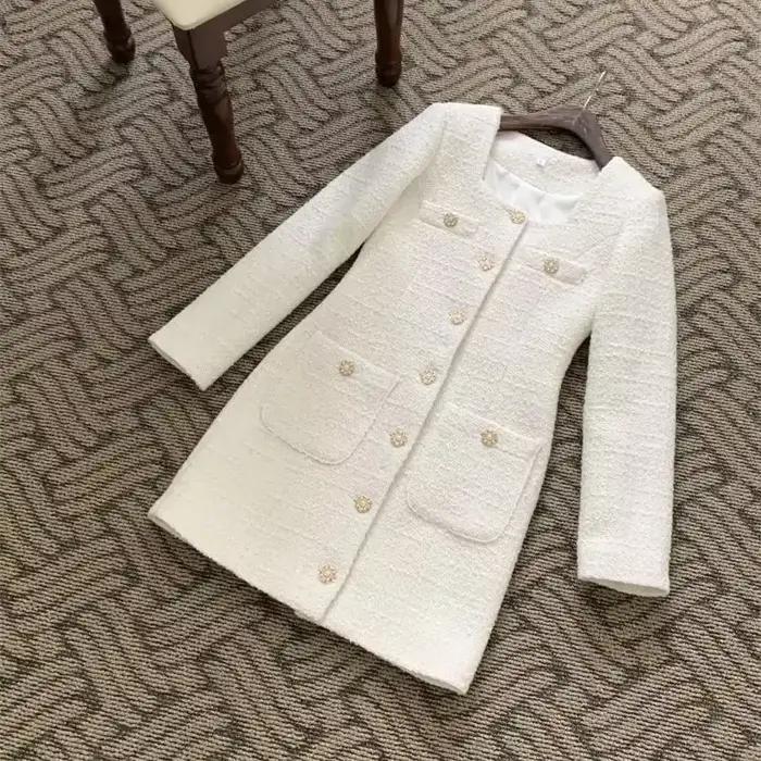 Robe en tweed rétro élégante pour femmes, col carré, manches longues, boutons, poche, mini robes de