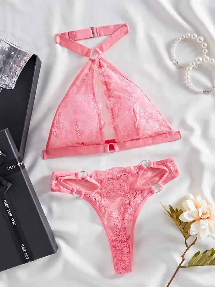 Toucheart-Ensemble de lingerie en dentelle florale pour femme, bonnet triangulaire, licou transparen