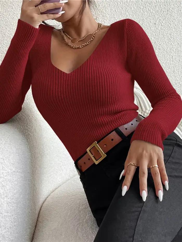 Pull-over Femme Y2K en Maille Côtelée Unie à Col en V et Rayures, Manches Longues, Collection Automn
