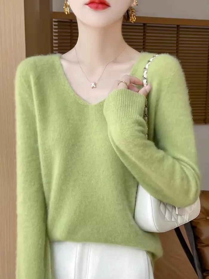Pull pour femmes 100% laine mérinos col en V pull automne hiver basique chaud pulls à manches longue