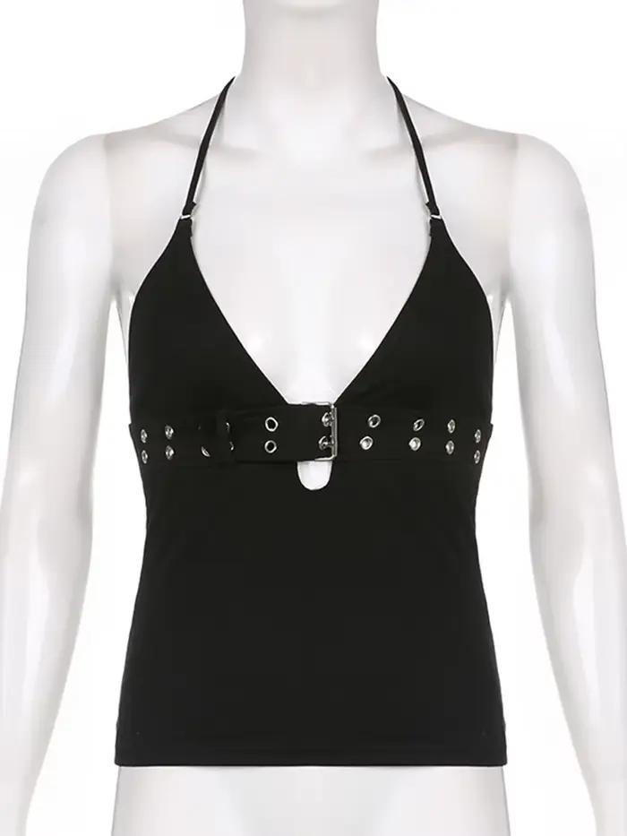 Haut court bandage à lacets pour femme, haut dos nu noir, mini glaPunk, sweats rétro basiques, migno