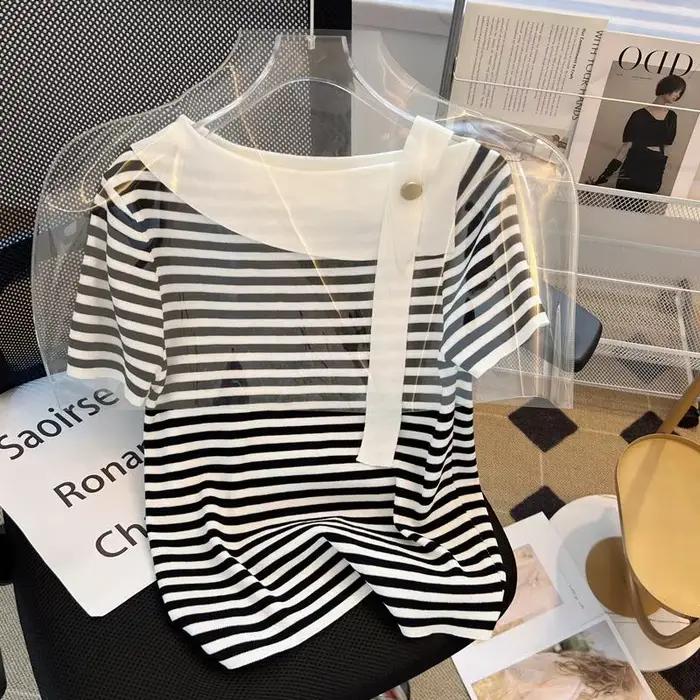 Été Sexy pull femmes tricot t-shirts hauts mode rayé élégant Chic t-shirts pull à manches courtes pu