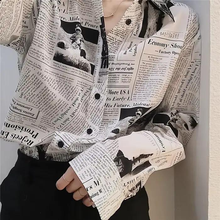 Gidyq-Chemises en mousseline de soie pour femmes, streetwear décontracté coréen, imprimé journal, mo
