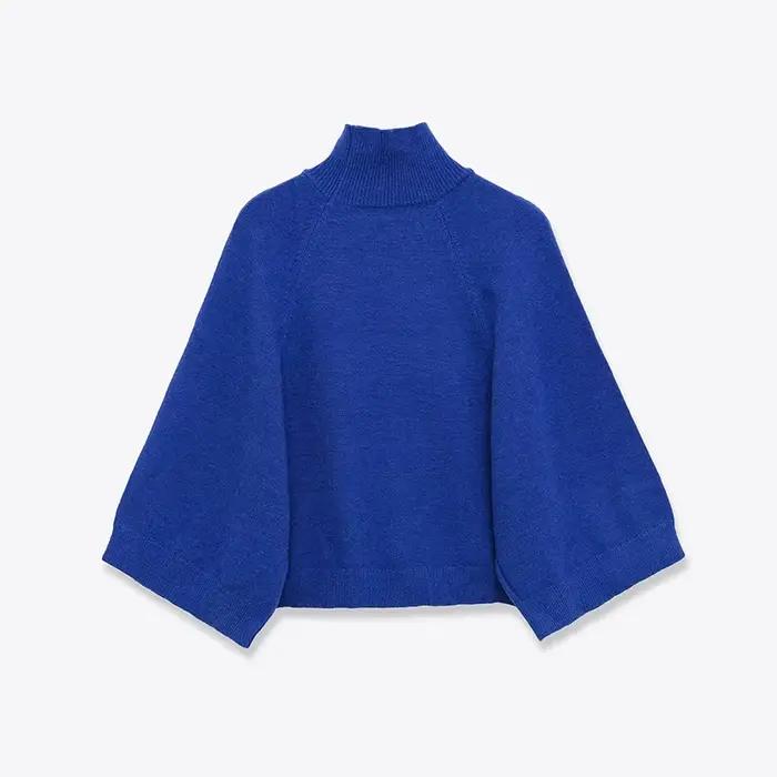 Pull en tricot bleu à manches larges pour femme, pull court à col haut, printemps 2025