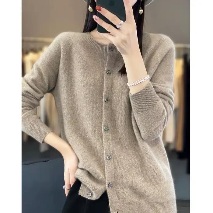Femmes 100% laine mérinos pull automne hiver col rond première ligne sans couture Cardigan à manches