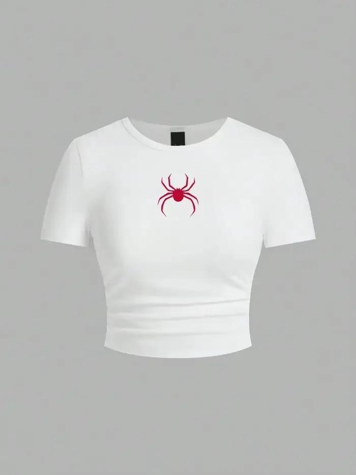 Haut court imprimé araignée rouge Simple, T-Shirt ajusté pour femmes, mode de rue, confortable, doux