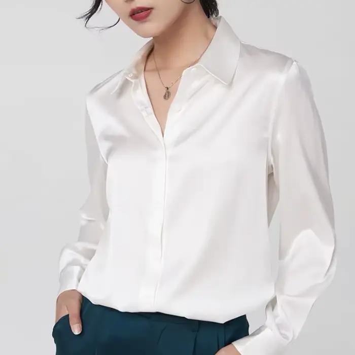 Élégant Satin à manches longues Blouses femmes 2025 Vintage bordeaux blanc chemise en soie femmes dé