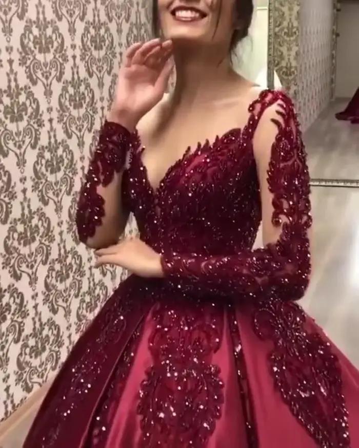 Robe de soirée élégante à manches longues et col en V pour femmes, robes de mariage, fête de fiançai