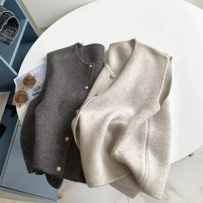 Cardigan coréen à col ras du cou pour femmes, boutons solides, manches courtes, manteaux, pull trico