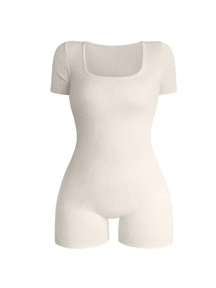 Combinaison une pièce à col carré et manches courtes pour femmes, Sexy, taille haute, moulante, à la