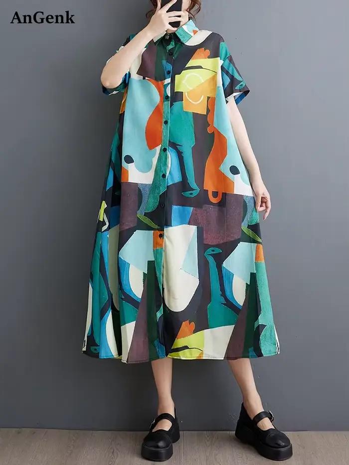 Nouvelles Robes Chemises Imprimées Vintage Été 2026 pour Femmes – Robe Midi Décontractée Ample à Man