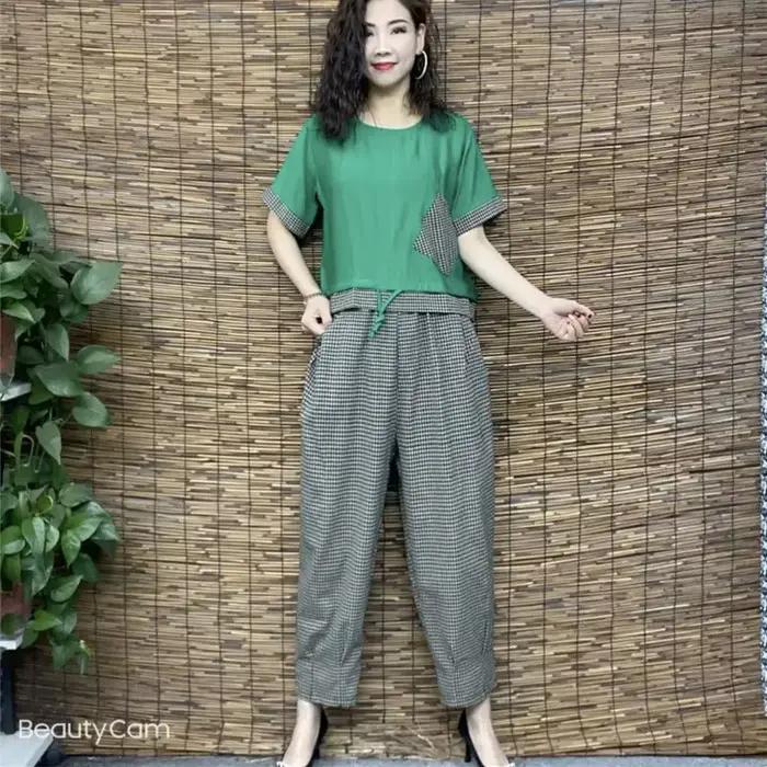 T-shirt et pantalon à carreaux en coton et lin pour femmes, manches courtes, imbibés, gros MM, ensem